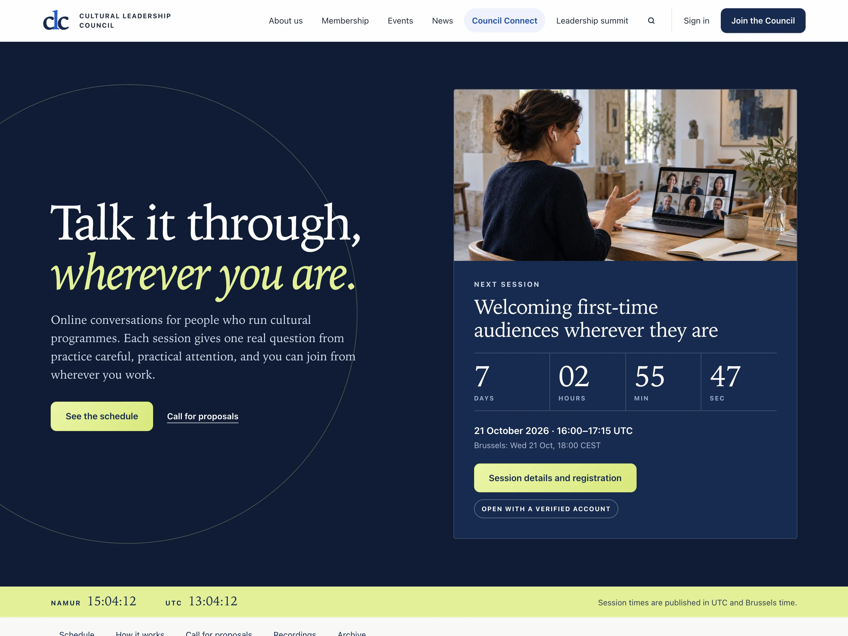 Council Connect page for online conversations, with a countdown to the next session and clocks for Namur and UTC.
