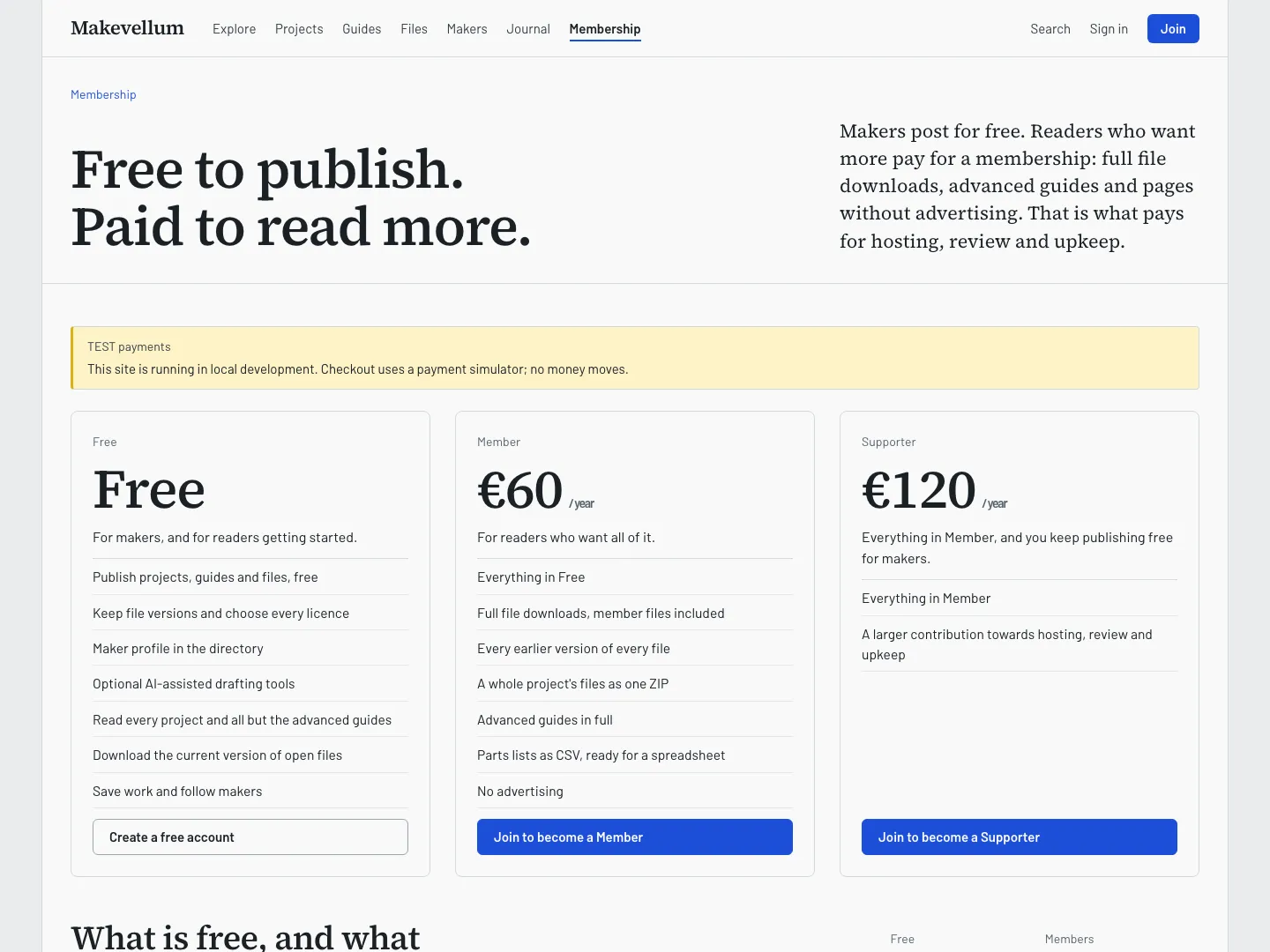 Makevellum membership page comparing free publishing with paid reading benefits and sample prices.