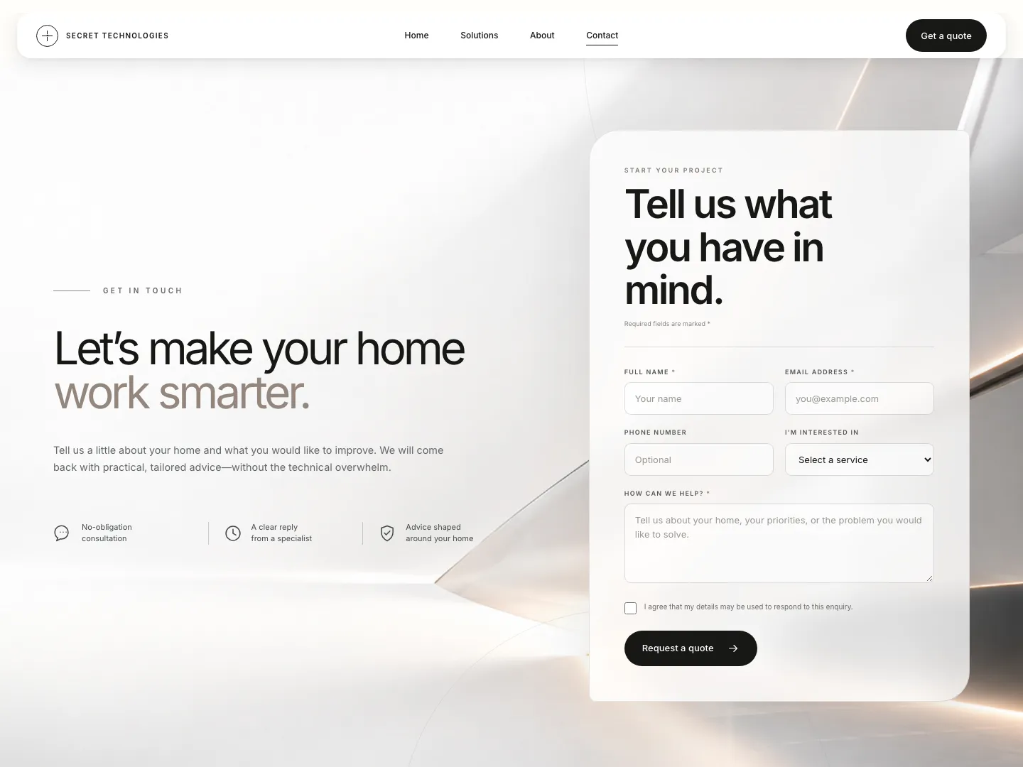 Contact page with a quote form for contact details, service interest, a project description and consent to reply.