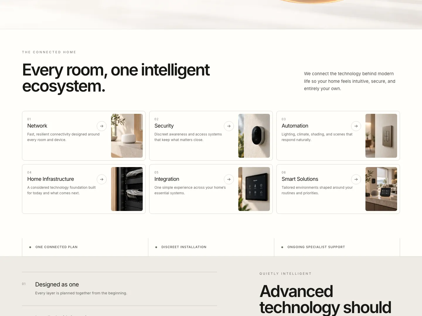 Homepage cards introducing six connected-home services, from networking and security to integration.
